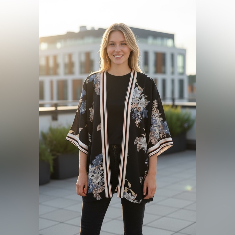 Timing Black Kimono with Blue and White Floral Design Large